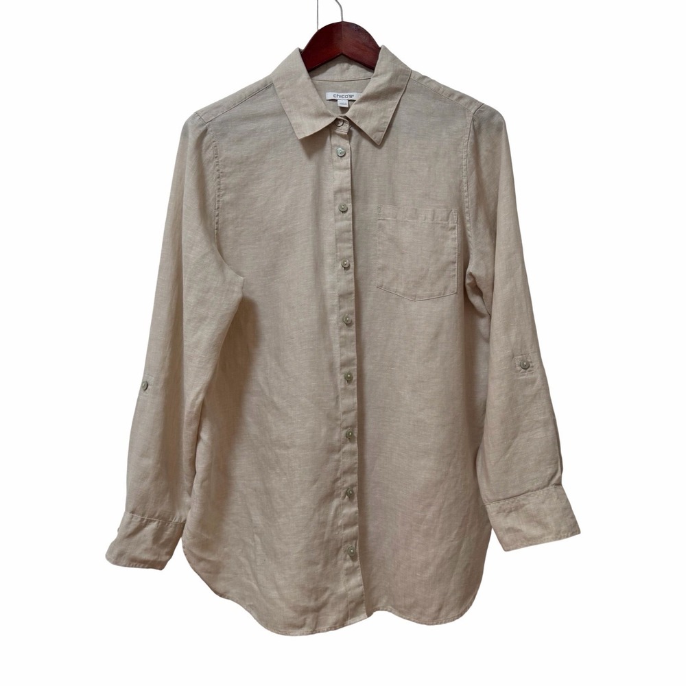 Chicos Womens Linen Long Sleeve Button Up Shirt Size 8 Beige Roll Tab Coastal